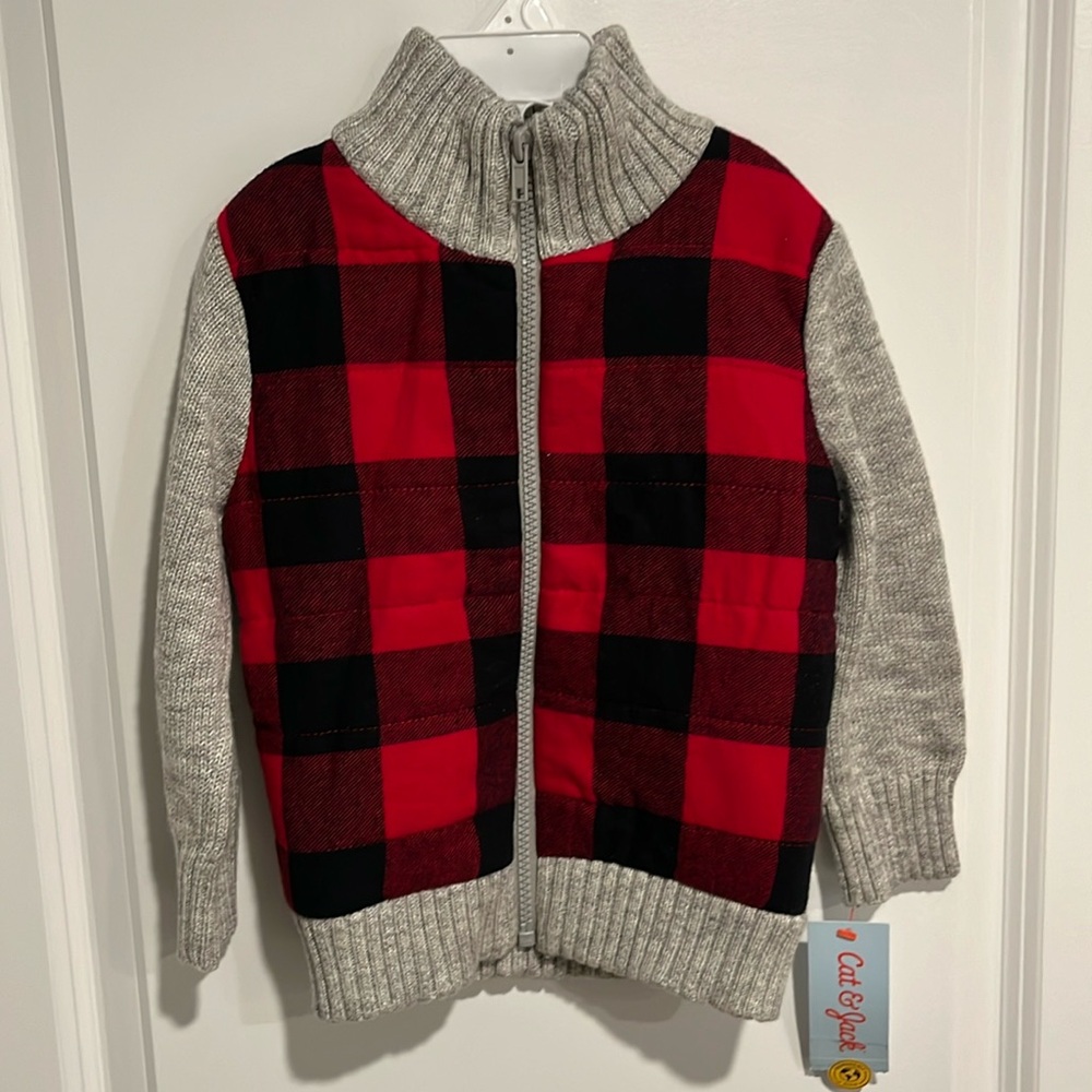 2T Cat & Jack Red/Black Flannel And Heather Grey Full Zip w/ Soft Fleece Inside
